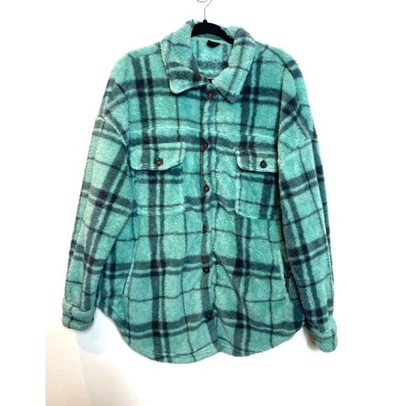 PacSun Homecoming Plaid Button Down Sherpa Shirt Shacket Aqua Gray Womens Md/Lg - Picture 3 of 10